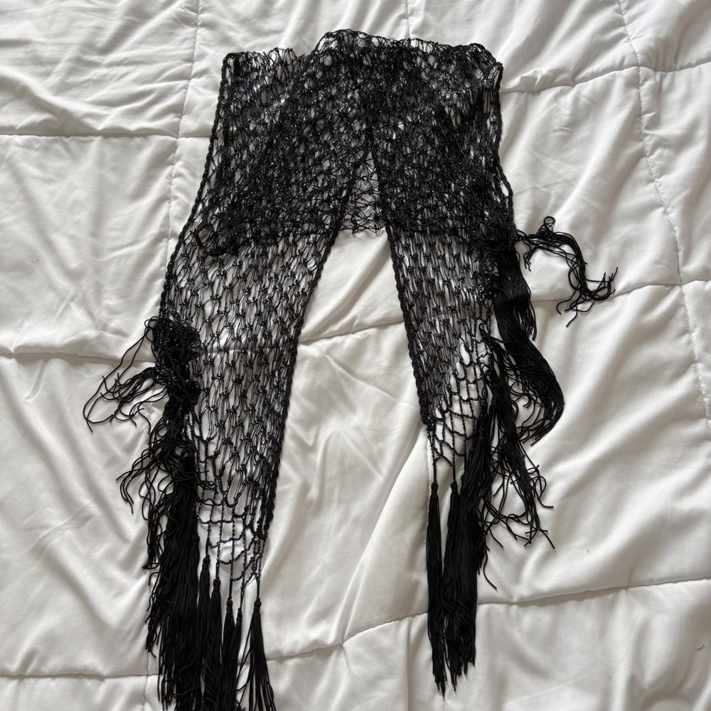 Vintage Black Beaded Open Knit Shawl Wrap Iridescent Beads Evening Wear Goth 90s